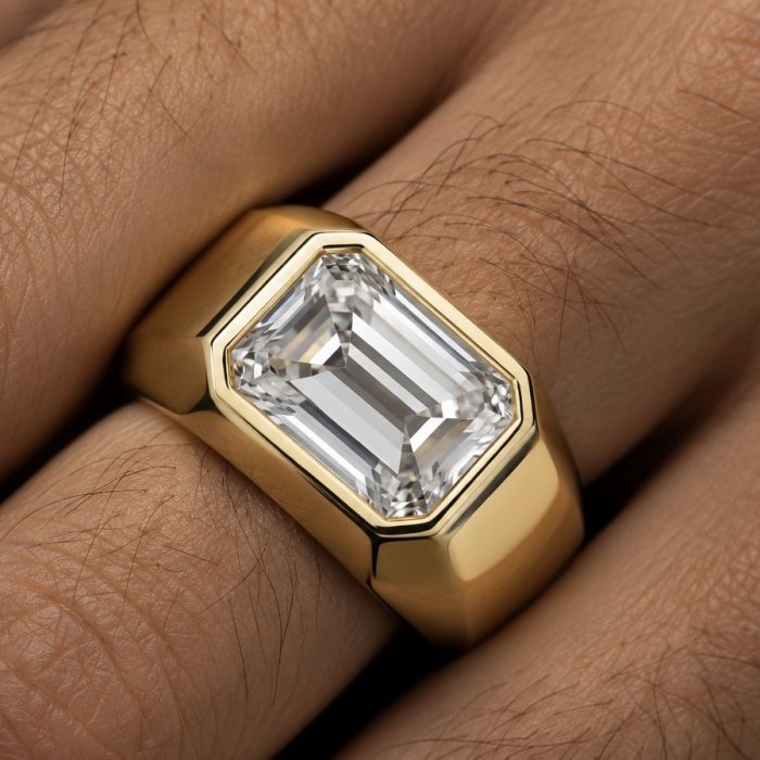 Anillo Sello Solitario Corte Esmeralda Engaste Este-Oeste - Imagen 2
