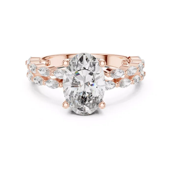 Anillo de Doble Banda con Diamante Oval y Marquesa - Imagen 8
